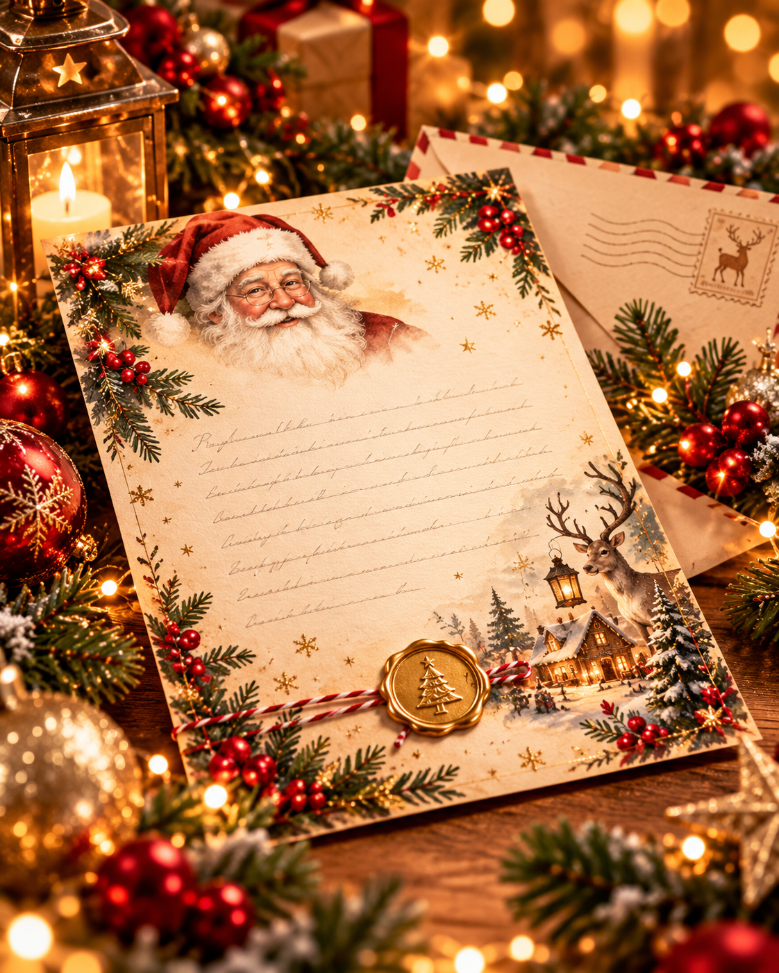 Brief vom Weihnachtsmann mit Weihnachtsmann, Rentier und Goldsiegel